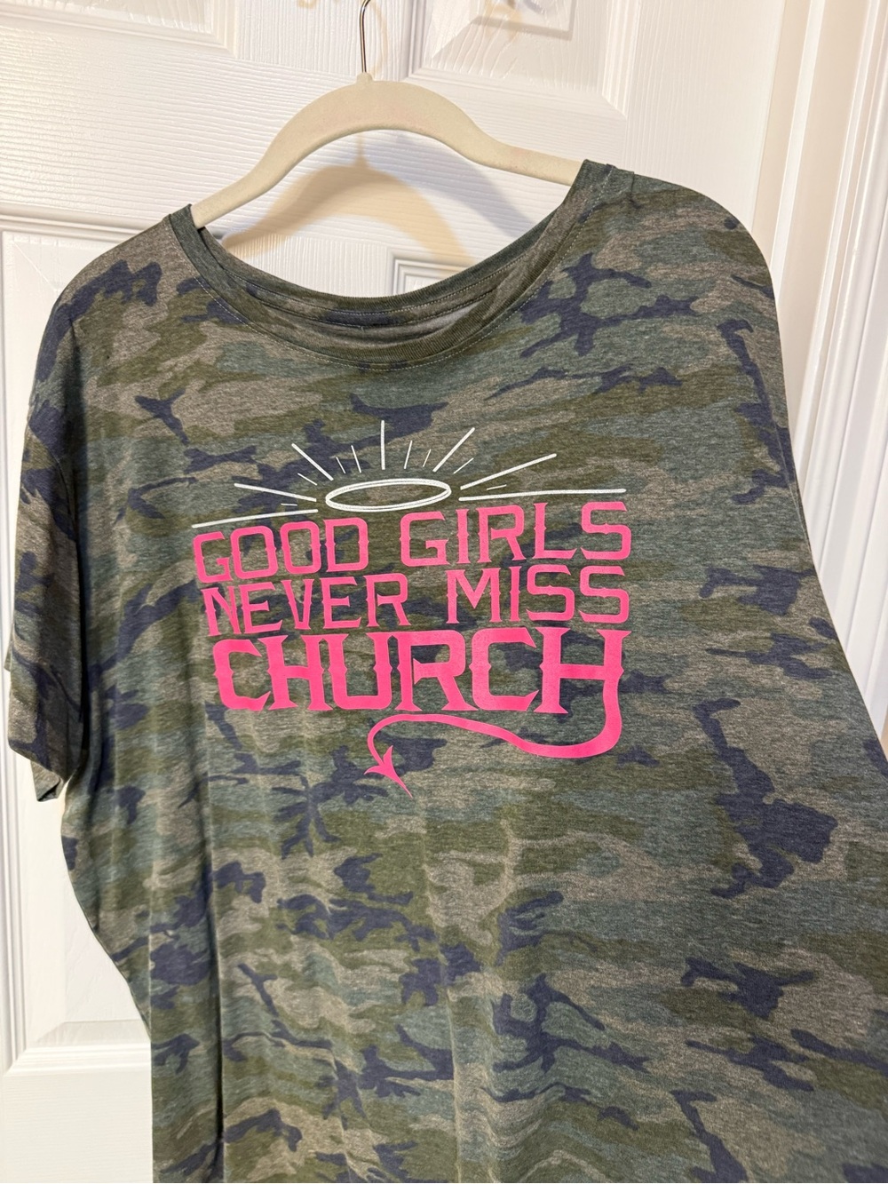 Eric Church Camo Tee with Pink 'Good Girls Never Miss Church' Graphic